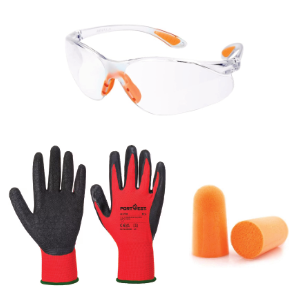 KIT EPI ESSENTIEL : Kit de protection ( Lunettes, bouchons d'oreilles et gants). L'utilisation d'un EPI est obligatoire pour votre sécurité. Photo non contractuelle